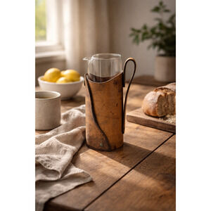 Vintage Glass Cocktail Pitcher with Rustic Leather Carrier Sleeve